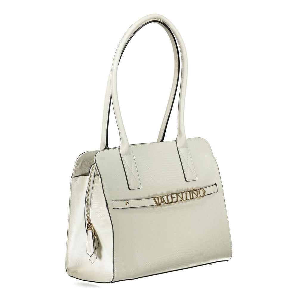 Valentino white polyethylene handbag with shoulder handles, logo, zip closure, and internal compartments, eco-friendly design.