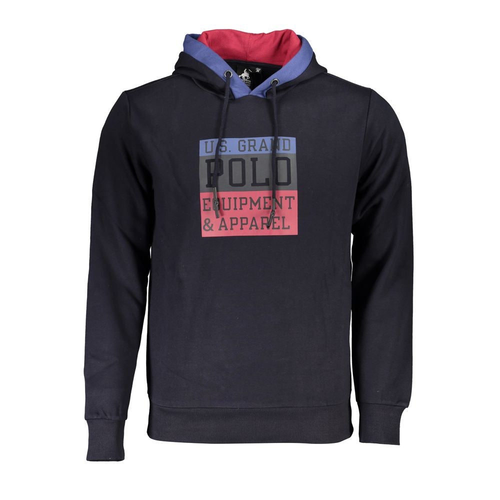 U.S. Grand Polo blue contrast hooded sweatshirt with red lining and logo print, 60% cotton, 40% polyester, casual style.