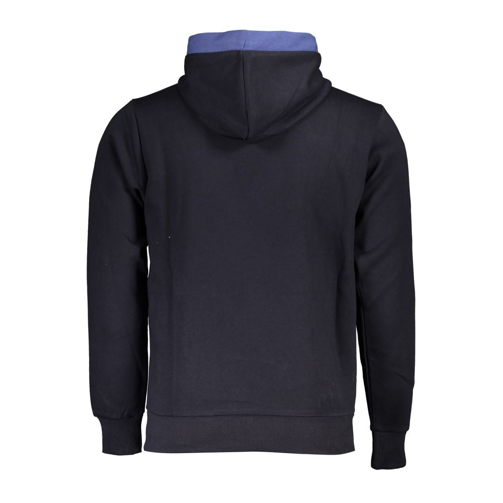 Back view of U.S. Grand Polo Classic Blue Contrast Hooded Sweatshirt in cotton-polyester blend, showcasing its cozy design and elegance.
