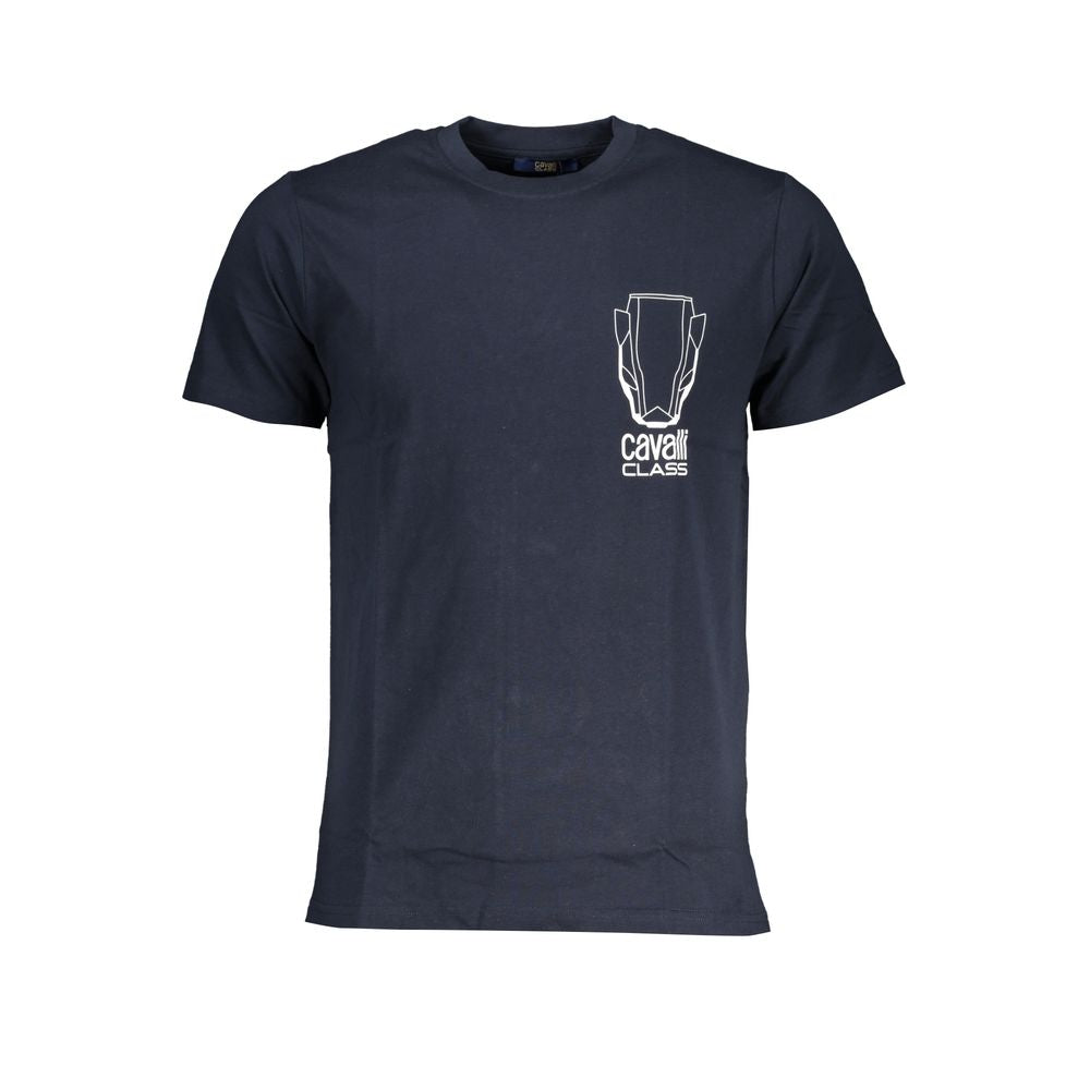 Cavalli Class blue cotton t-shirt with short sleeves, crew neck, and logo print on the front.