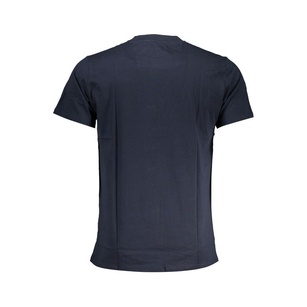 Back view of Cavalli Class blue cotton t-shirt with short sleeves and a crew neck, showcasing logo and print design.