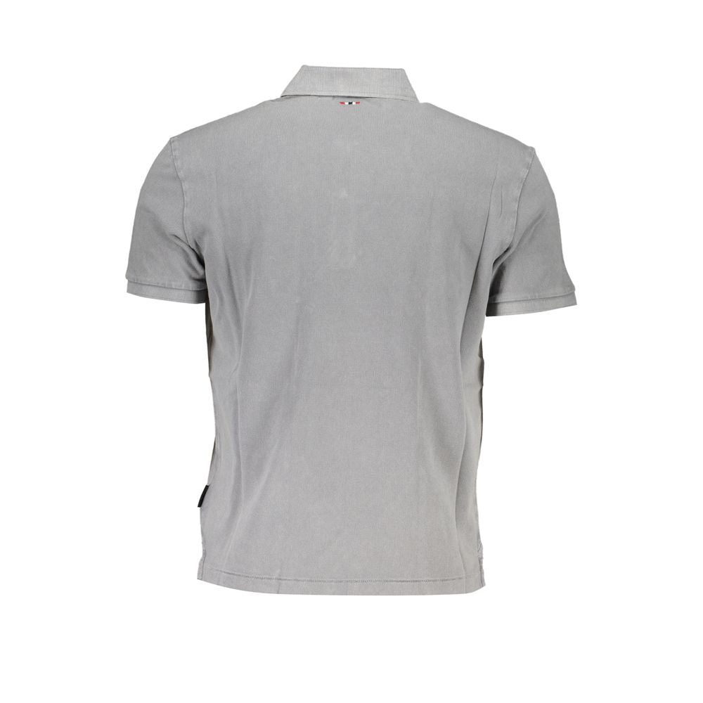 Back view of Napapijri gray cotton men's polo shirt featuring short sleeves and subtle embroidery.