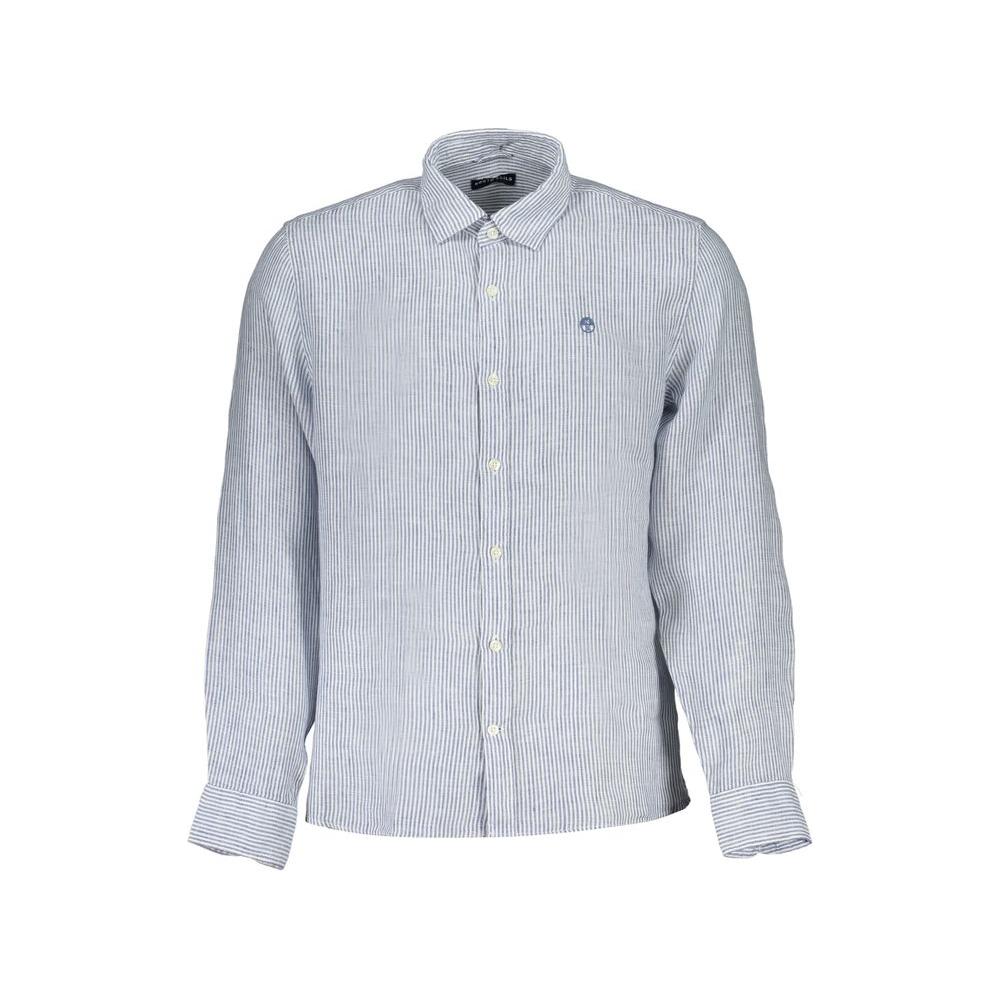 North Sails blue striped linen shirt with long sleeves, French collar, button cuffs; made from organic cotton, featuring embroidered logo.