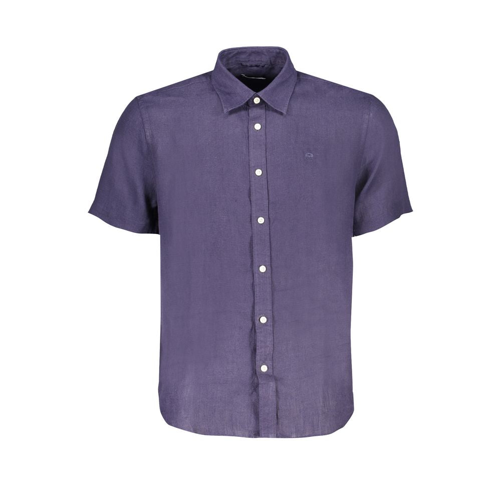 North Sails short-sleeved blue linen shirt with Italian collar, embroidery, buttons, logo, made from organic cotton.