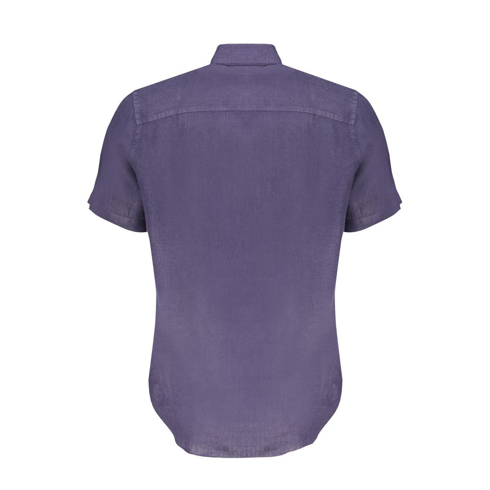 Back view of North Sails blue linen short-sleeved shirt with Italian collar and embroidery, made from organic cotton.