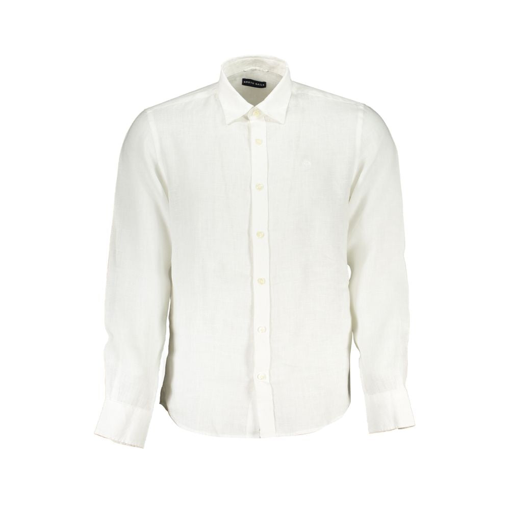 North Sails white linen shirt with long sleeves, Italian collar, and 1 button cuffs, featuring embroidery and logo buttons.