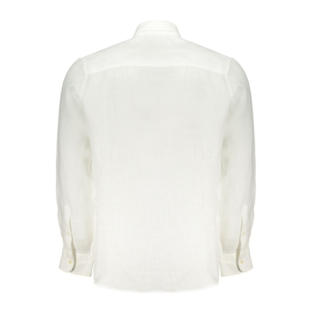 Back view of North Sails white linen long-sleeved shirt with Italian collar, one-button cuffs, and logo embroidery.