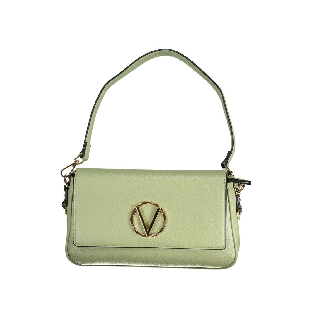 Valentino green polyethylene handbag with removable shoulder handle and adjustable strap, logo detail, and multiple internal compartments.