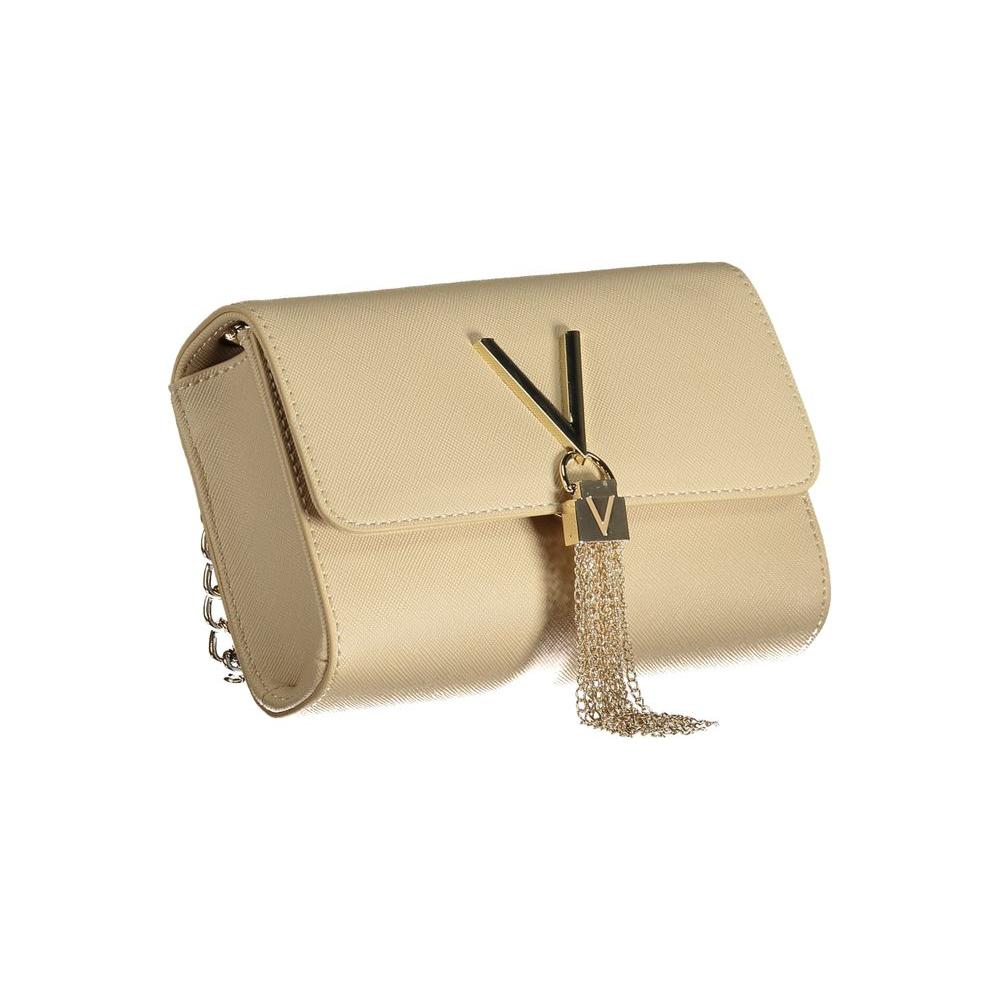Valentino beige polyethylene chain shoulder bag with internal and card pocket, contrast details, button closure, and logo.