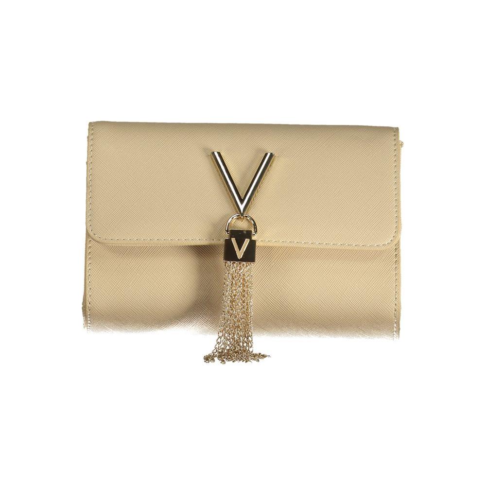 Valentino beige polyethylene handbag with chain shoulder strap, internal pocket, card pocket, button closure, and logo detail.