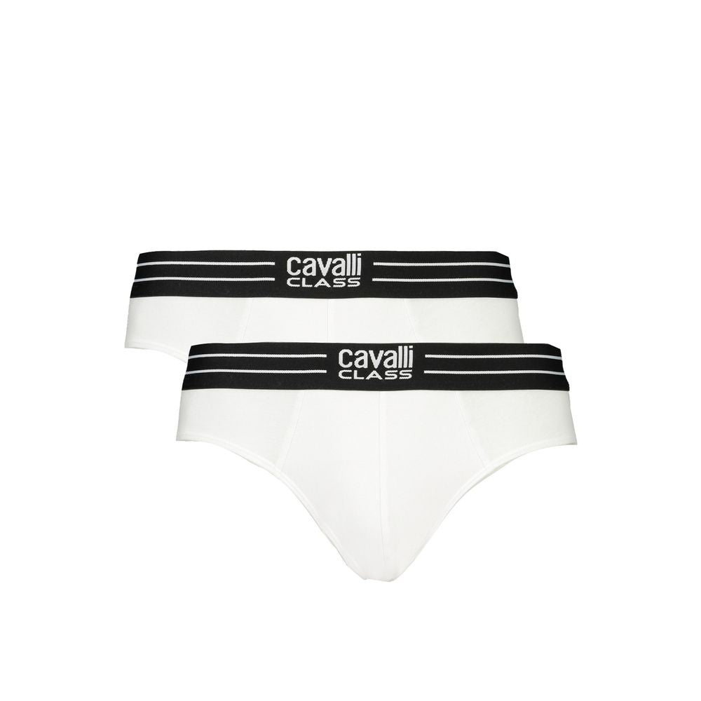 Cavalli Class white cotton men's underwear with elastic waistband and logo, set of two slips for comfort and bold style.
