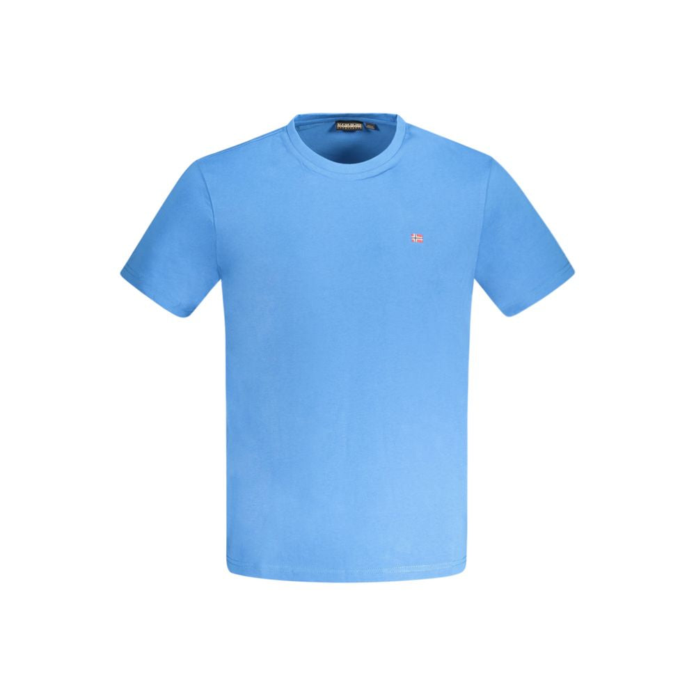Napapijri blue cotton men's T-shirt with short sleeves, embroidered logo, and crew neck, made from 100% organic cotton for comfort and style.