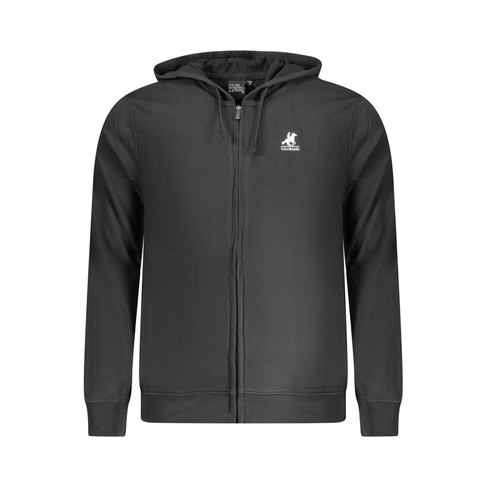 U.S. Grand Polo black cotton hooded sweater with zip, two pockets, and embroidered logo on front.