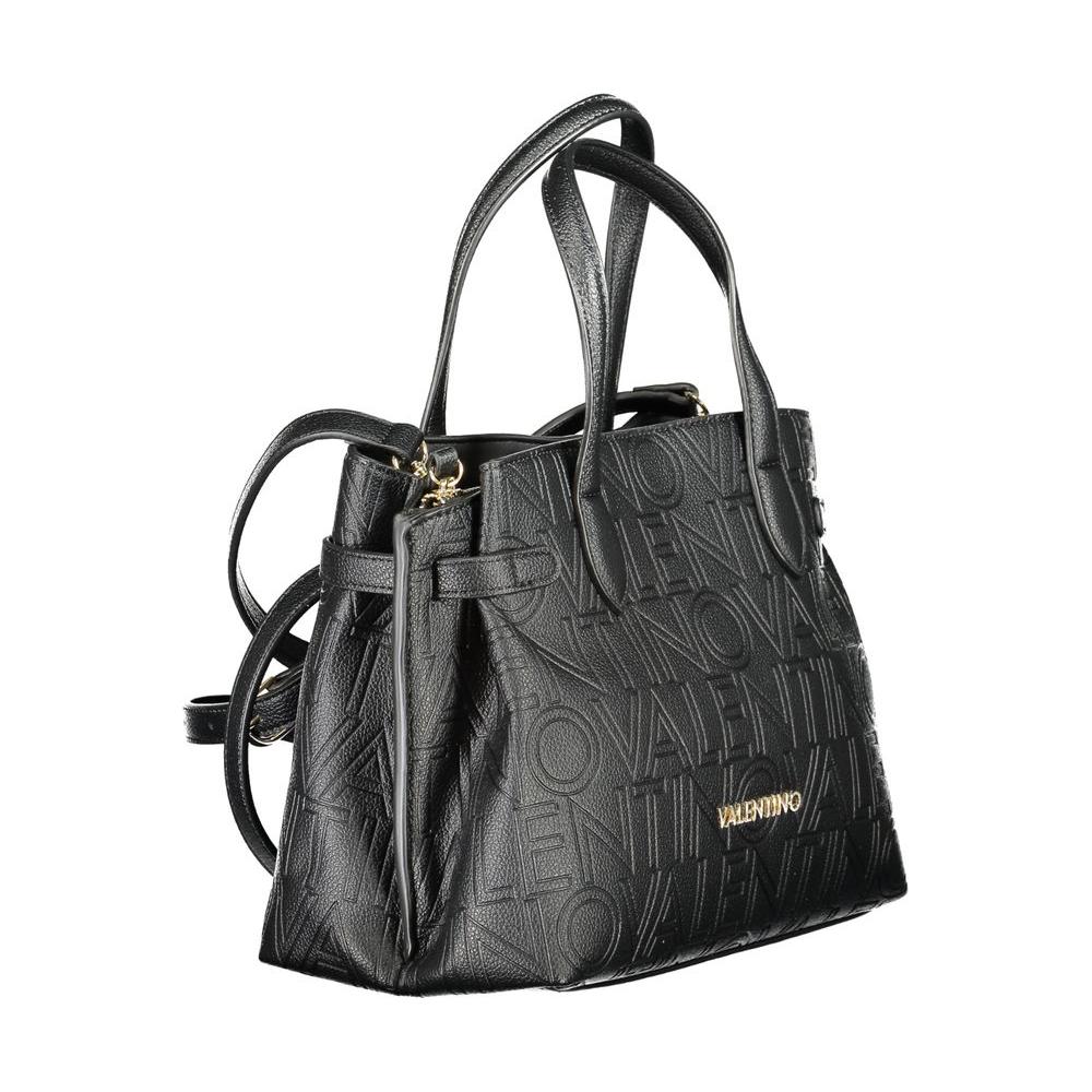 Valentino black handbag with dual handles, adjustable shoulder straps, two compartments, central pocket, and protective feet.