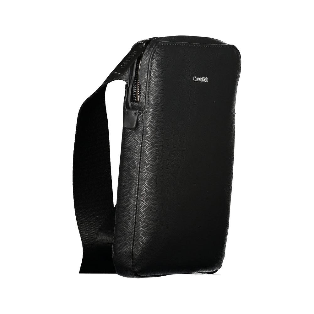 Calvin Klein black polyester men's shoulder bag with adjustable strap and logo, showcasing sleek and timeless design.