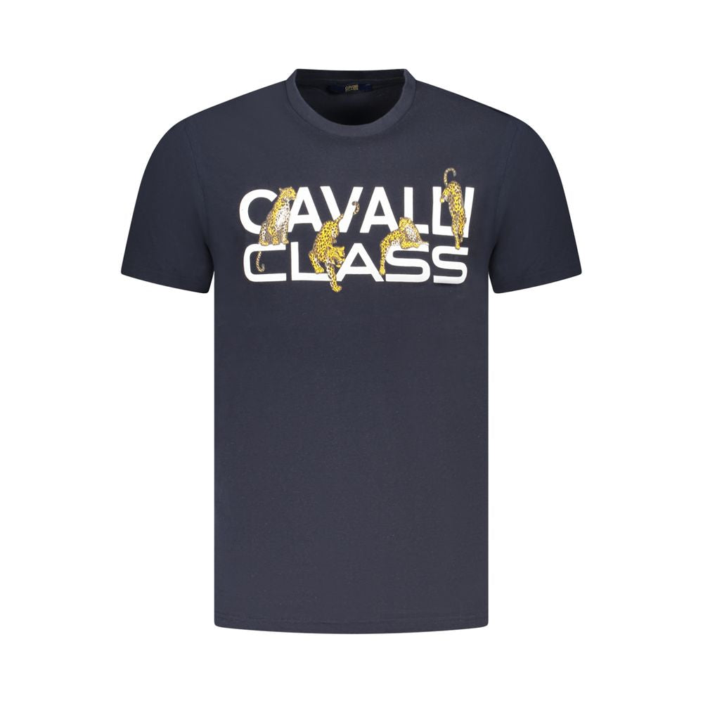 Cavalli Class blue cotton men's T-shirt with bold print and iconic logo, featuring short sleeves and crew neck for stylish comfort.