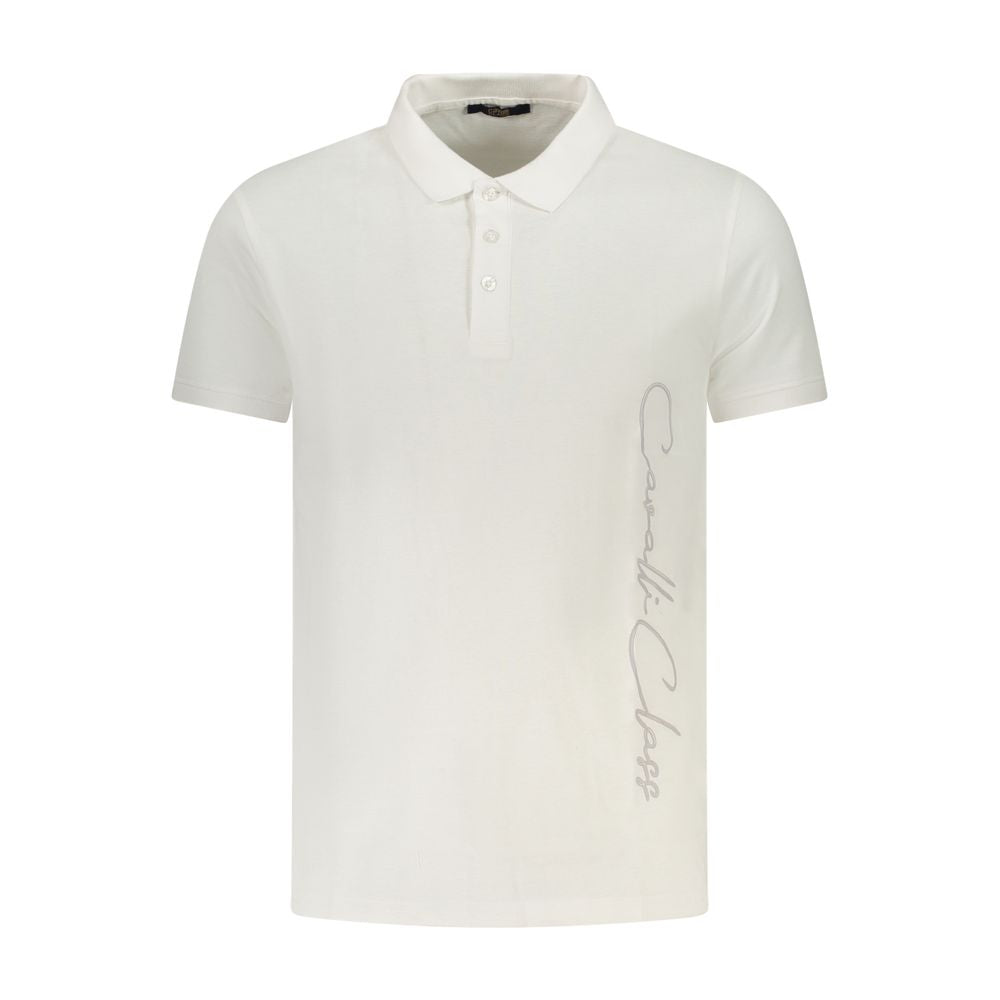 Cavalli Class white cotton men's polo shirt with logo, short sleeves, and three-button design for stylish leisurewear.