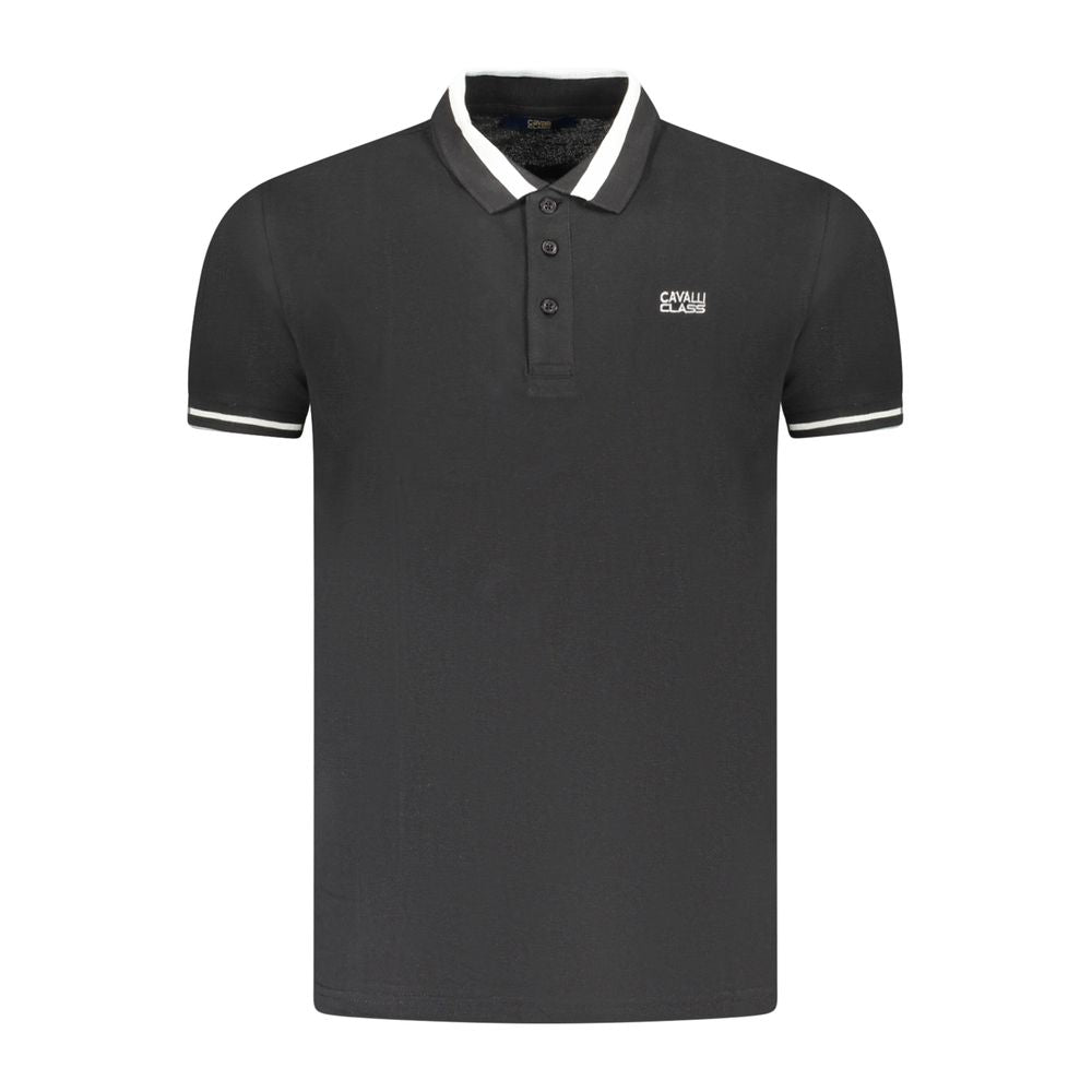 Cavalli Class black cotton men's polo shirt with contrast buttons and logo embroidery, short sleeves, sleek and sophisticated design.