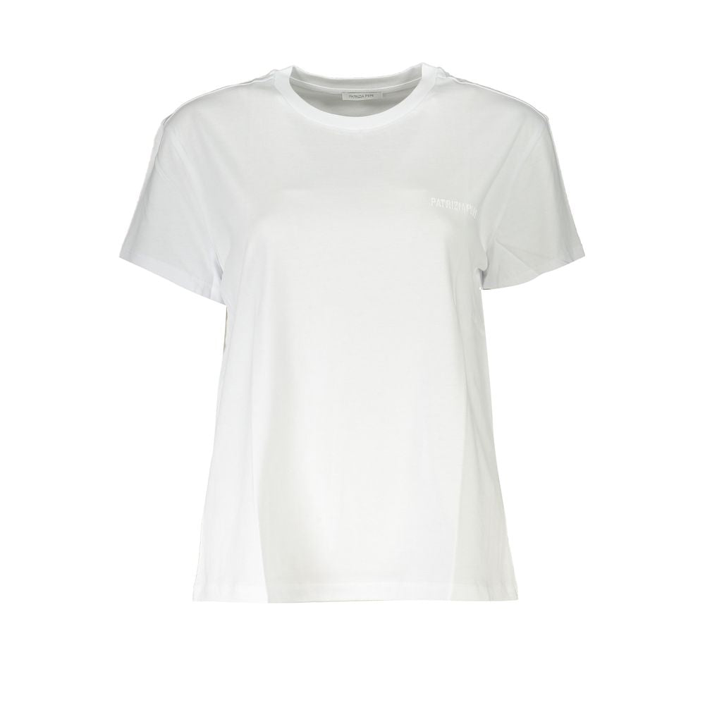 Patrizia Pepe Chic Organic Cotton Crew Neck Tee, white with subtle logo print, luxury sustainable short sleeve T-shirt for elegant style.