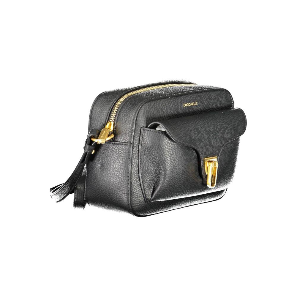 Coccinelle black leather handbag with adjustable strap, stylish external pocket, and signature logo, perfect for elegant accessories.