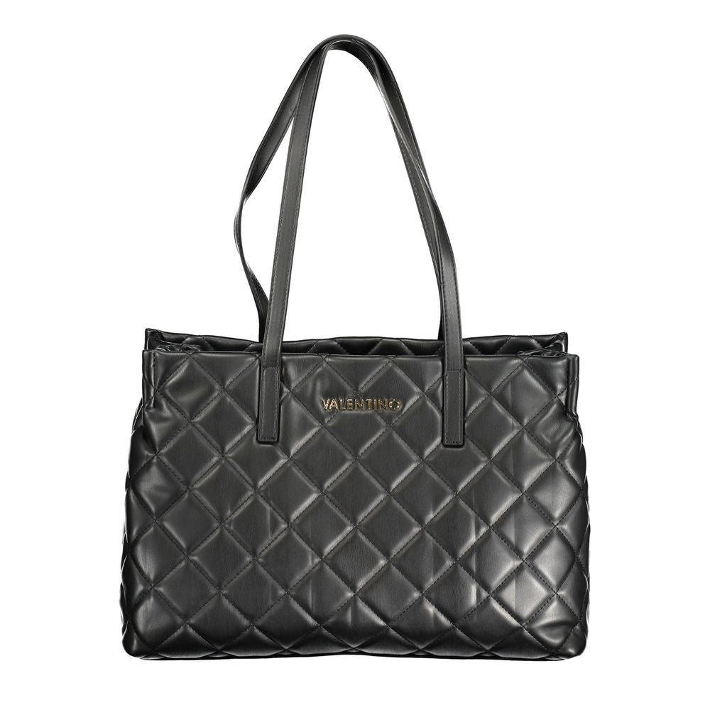 Valentino black handbag with quilted design, dual shoulder handles, central pocket, zip closure, and logo detailing.
