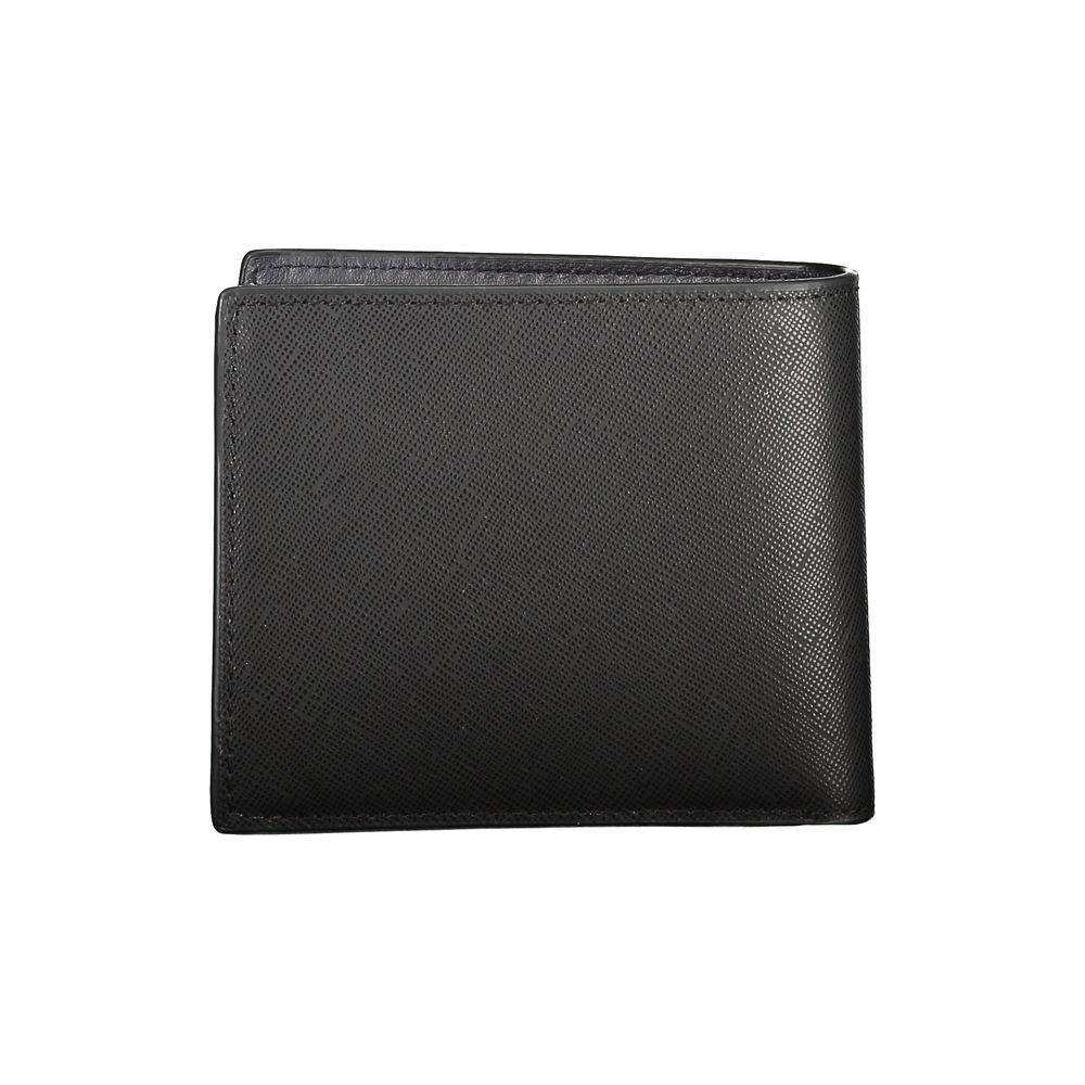 Tommy Hilfiger black leather wallet with two compartments, coin purse, card slots, contrast details, and logo.