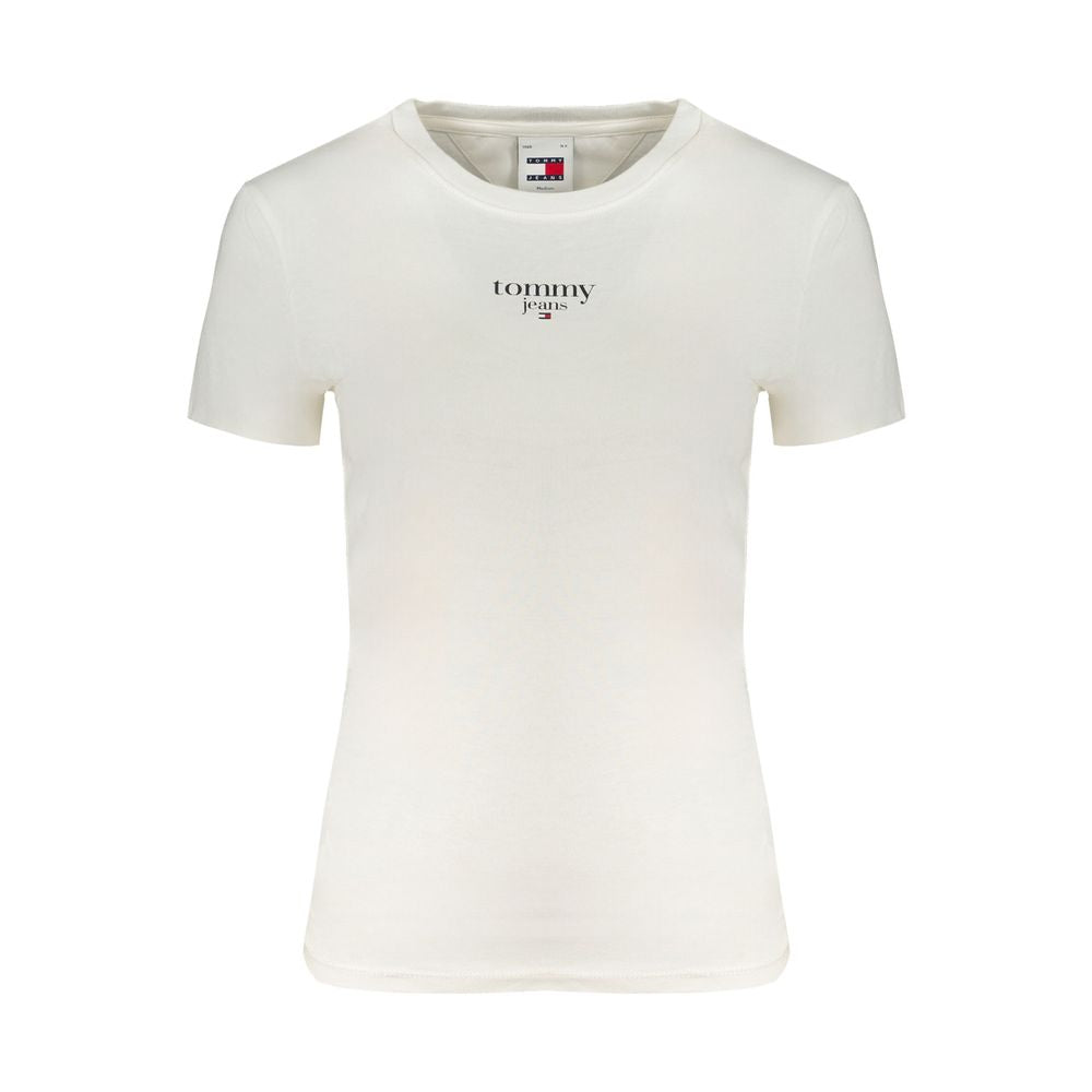 Tommy Hilfiger white cotton t-shirt with short sleeves, crew neck, and logo print on front.
