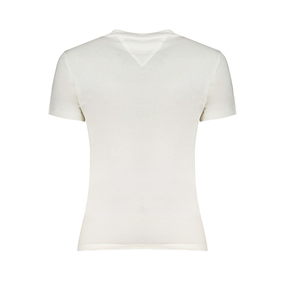 Back view of a white Tommy Hilfiger short-sleeved cotton T-shirt with crew neck and logo print.