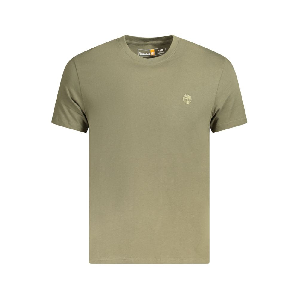 Timberland green cotton men's t-shirt with short sleeves, crew neck, and logo embroidery, crafted from organic cotton for eco-friendly style.