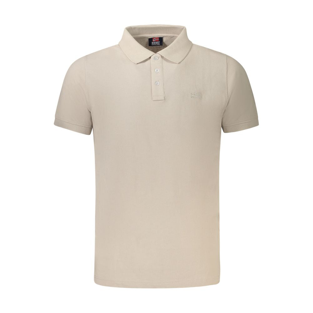 Beige cotton polo shirt with short sleeves, 3-button placket, embroidery, and logo. Norway 1963 collection.