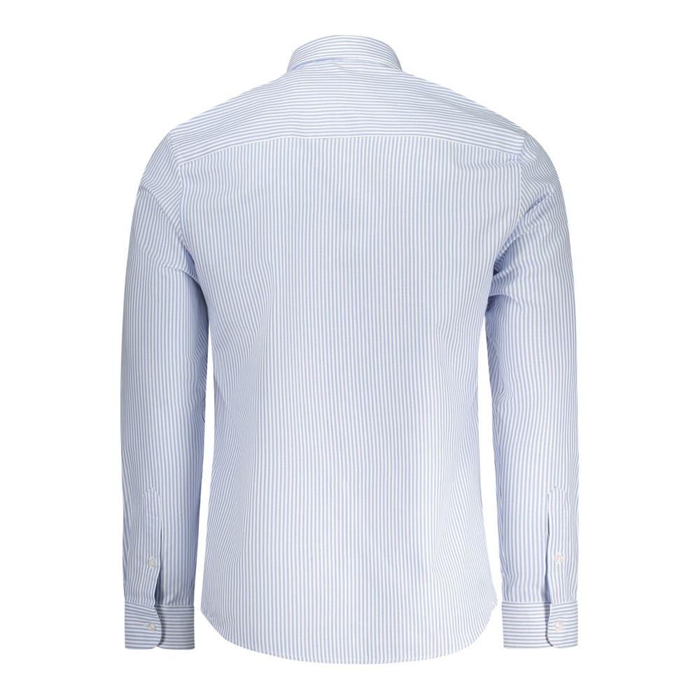 Back view of North Sails light blue striped cotton men's shirt with long sleeves and buttoned cuffs.