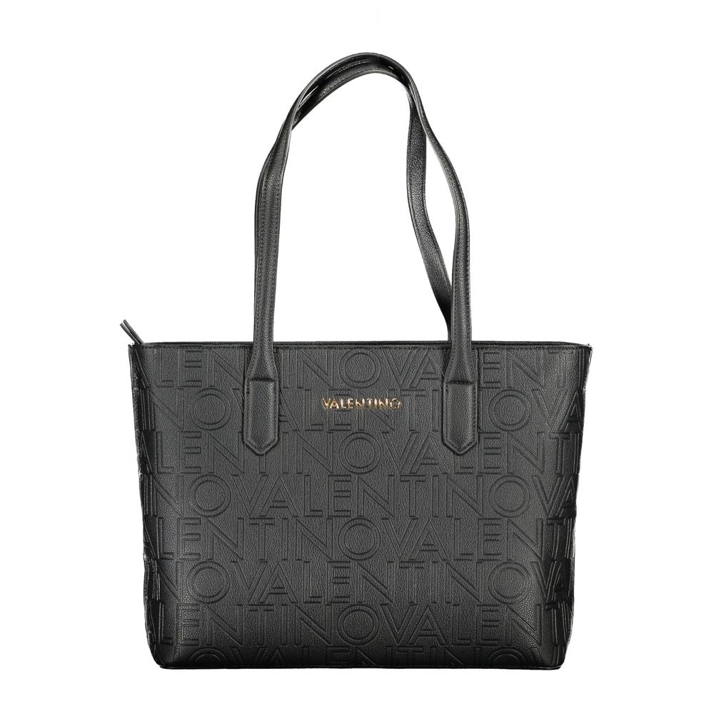 Valentino black polyethylene handbag with two handles, logo, zip closure, two internal pockets, and contrasting details.