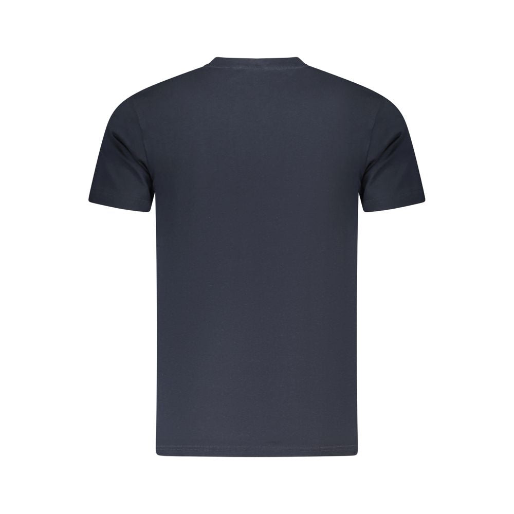 Back view of Cavalli Class blue cotton men's T-shirt with short sleeves and elegant design.