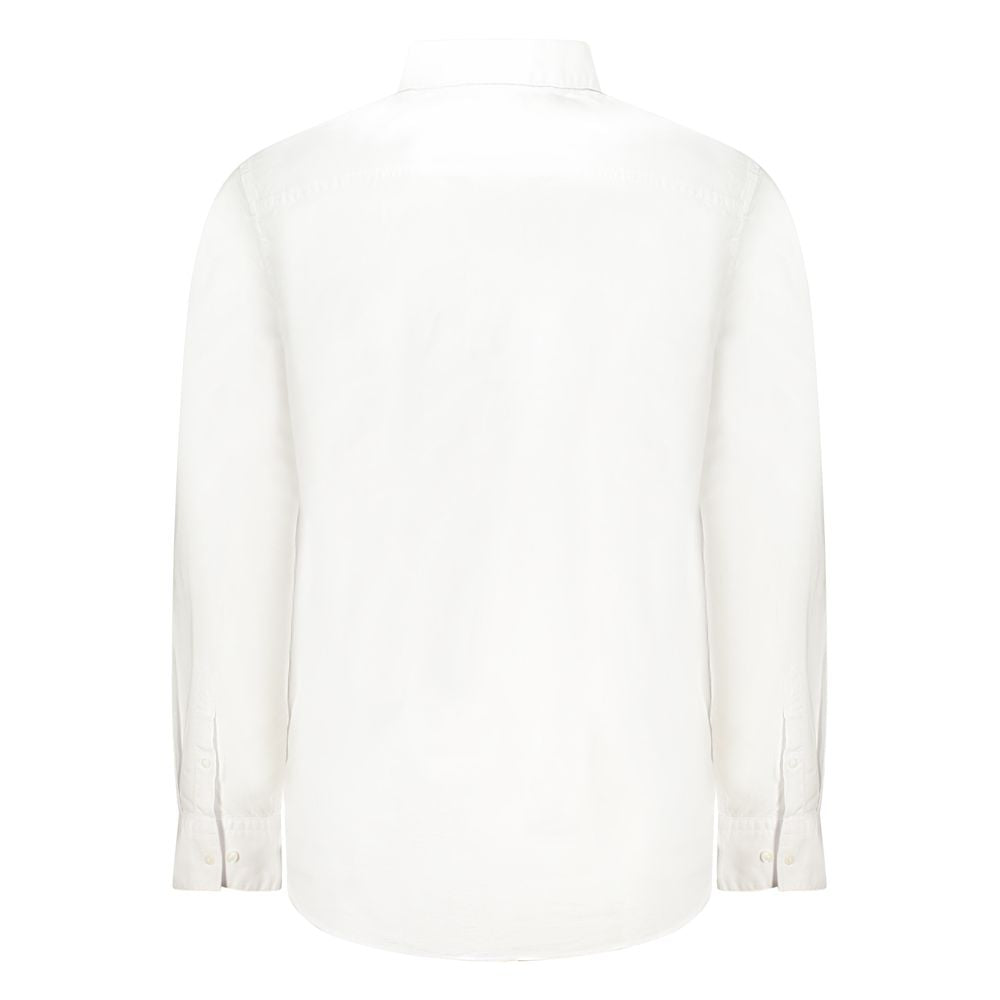 Back view of Calvin Klein white cotton men's shirt with long sleeves, button-down collar, and 2-button cuffs for a classic fit.