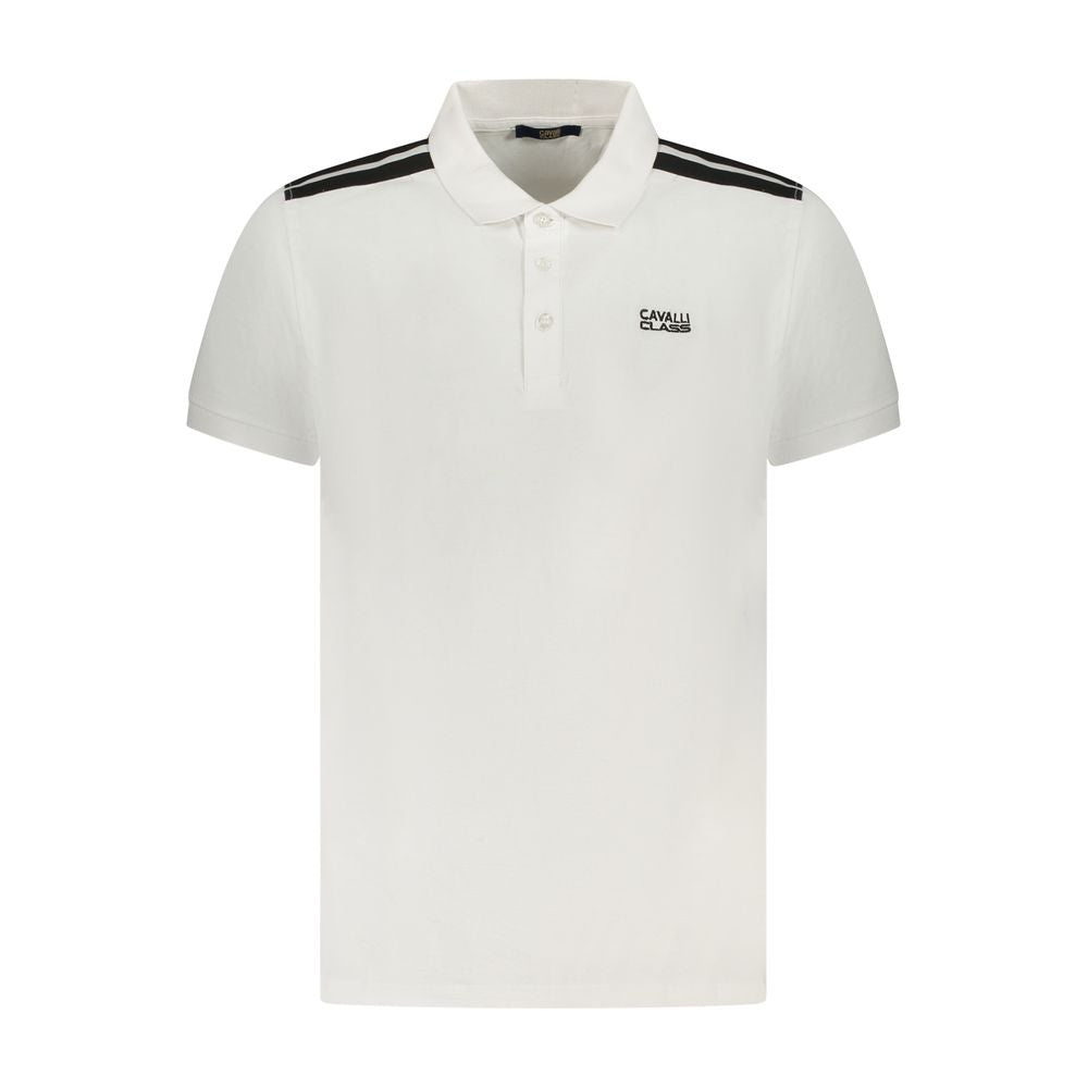 Cavalli Class white cotton men's polo shirt with contrasting details and signature embroidery logo.