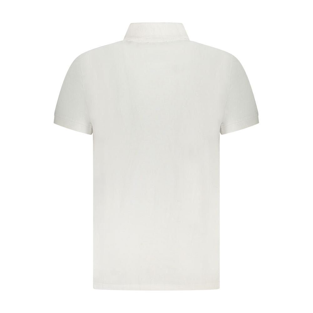 Back view of Cavalli Class white cotton men's polo shirt with short sleeves and classic collar.