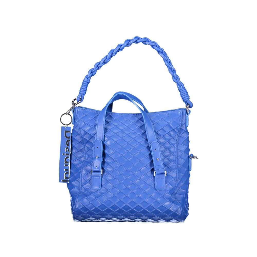 Desigual blue polyethylene women’s handbag with woven design, detachable handles, adjustable strap, and Desigual logo for stylish versatility.