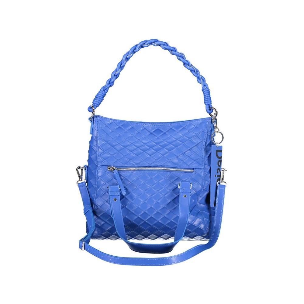 Desigual Blue Polyethylene Women Handbag with detachable handles and shoulder strap, featuring iconic logo and external pocket.