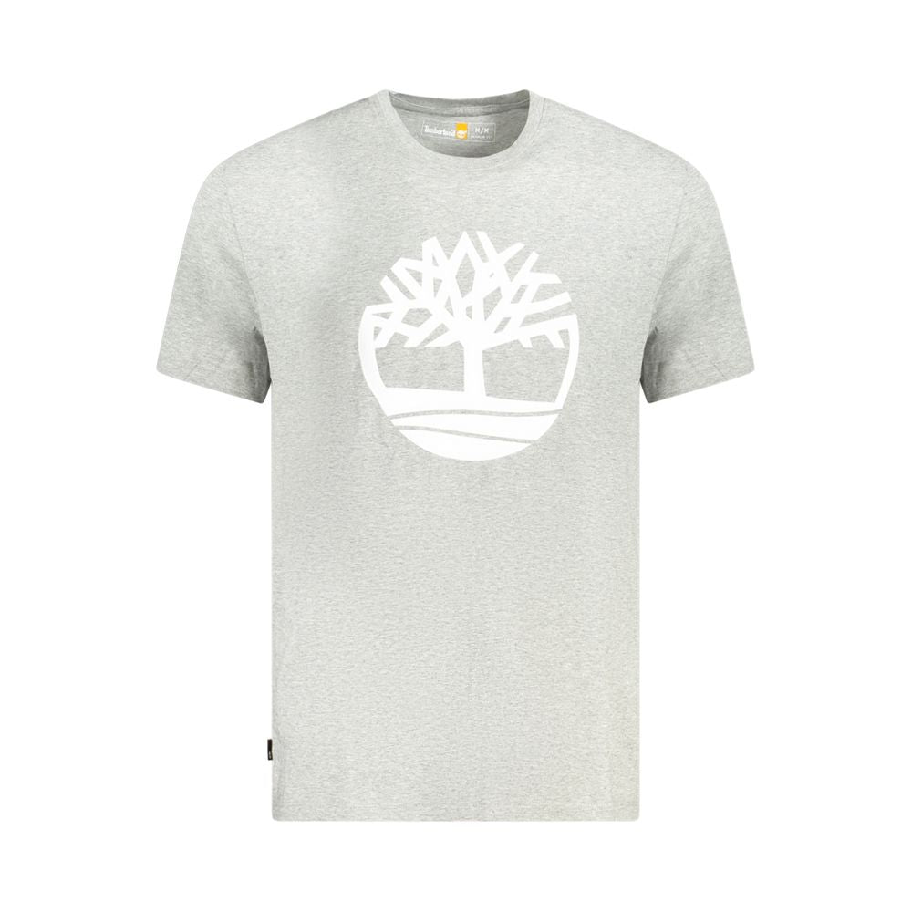 Timberland gray cotton men's t-shirt with logo, short-sleeve, regular fit, crew neck. Elevate casual style with comfort and outdoor spirit.