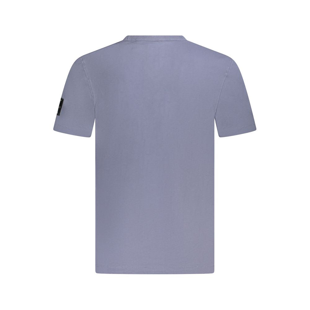 Back view of a Calvin Klein blue cotton t-shirt with short sleeves, crew neck, contrasting details, and a logo application.