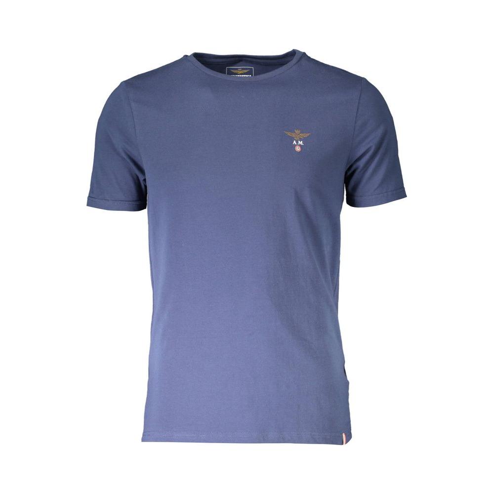 Aeronautica Militare blue cotton t-shirt with short sleeves, crew neck, and logo detailing, ideal for external wear.