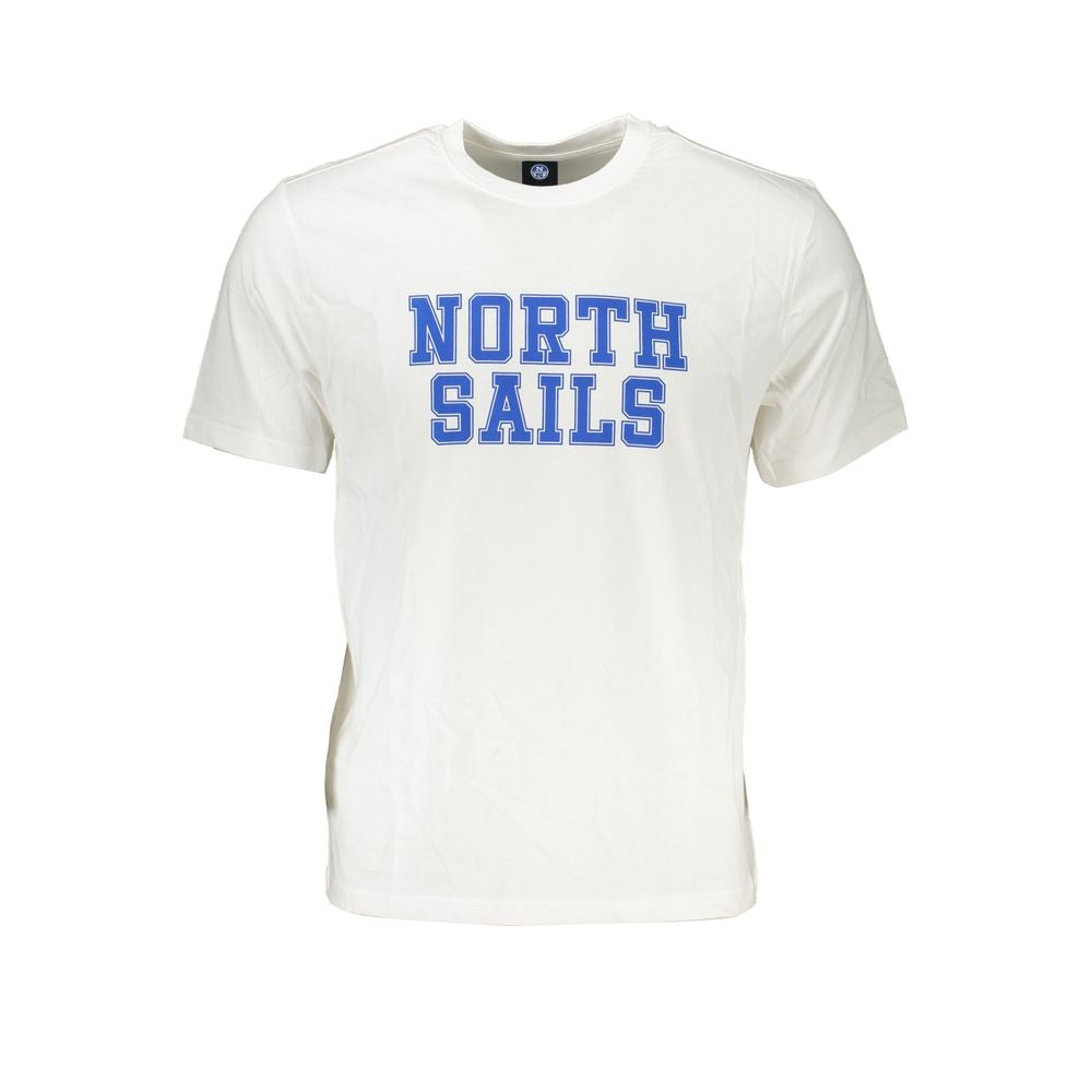North Sails white cotton T-shirt with short sleeves, crew neck, and large blue logo print on front.