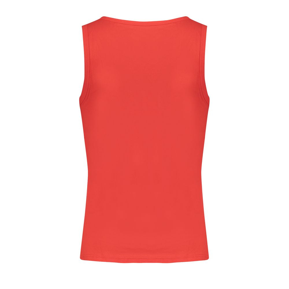 Back view of a red cotton tank top from Norway 1963, featuring wide shoulders, a crew neck, and logo embroidery.