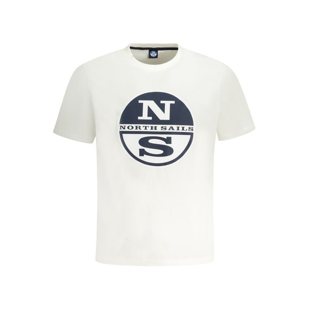 North Sails white cotton men's t-shirt with bold logo print, casual style for modern trendsetters.