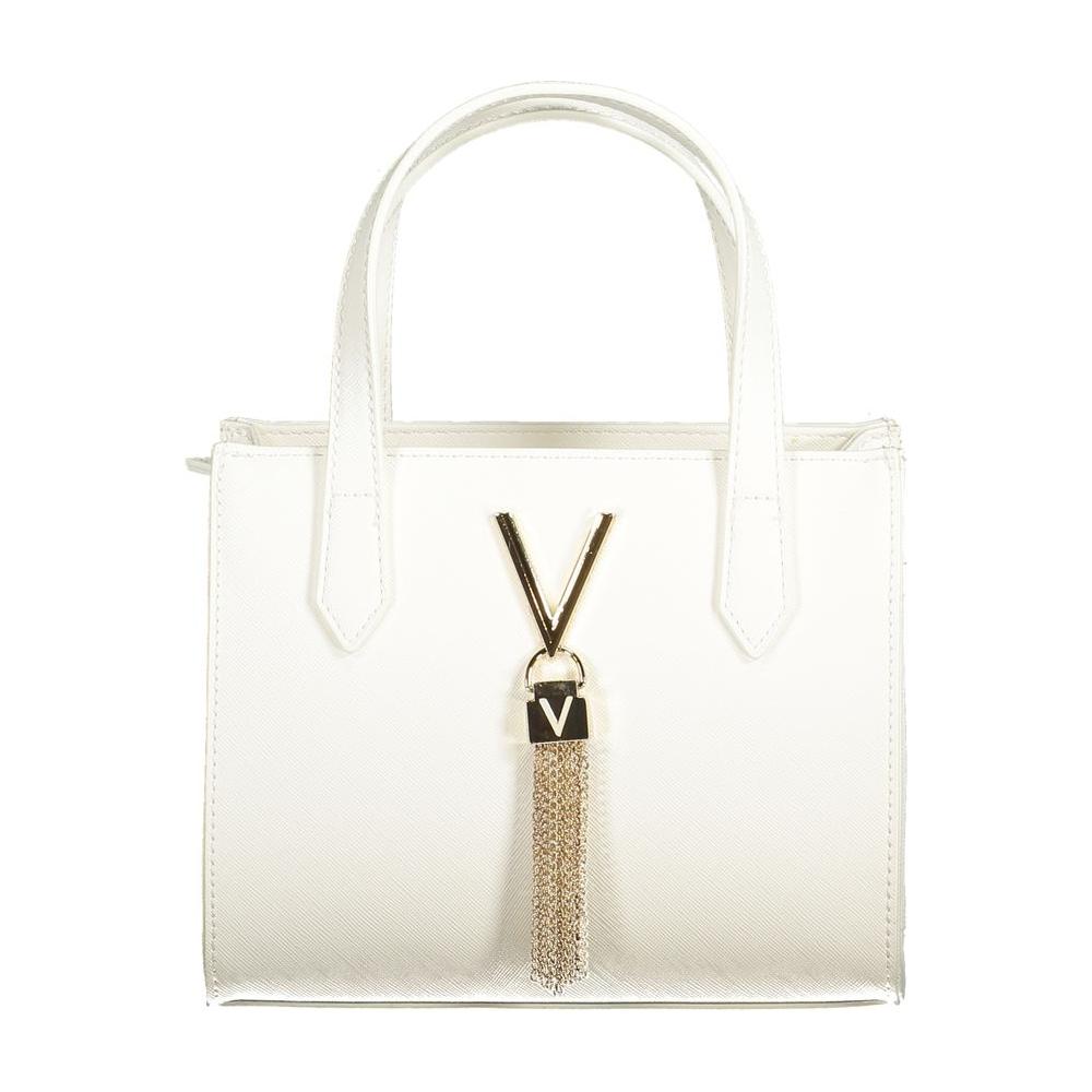 Valentino Bags white polyethylene handbag with gold logo and tassel, featuring twin handles and zip closure for elegant style.