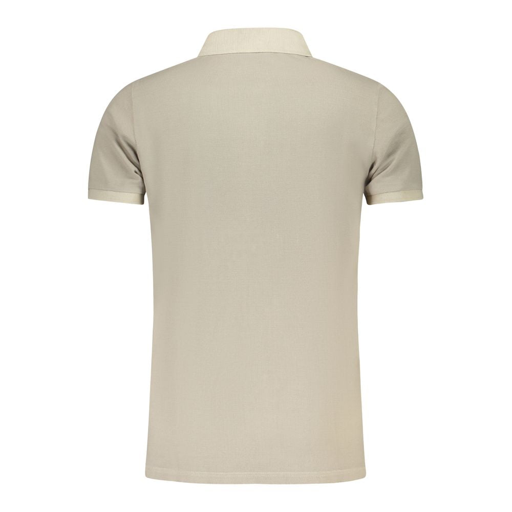 Back view of a beige cotton polo shirt with short sleeves and 3-button design, featuring embroidery and logo from the Norway 1963 collection.
