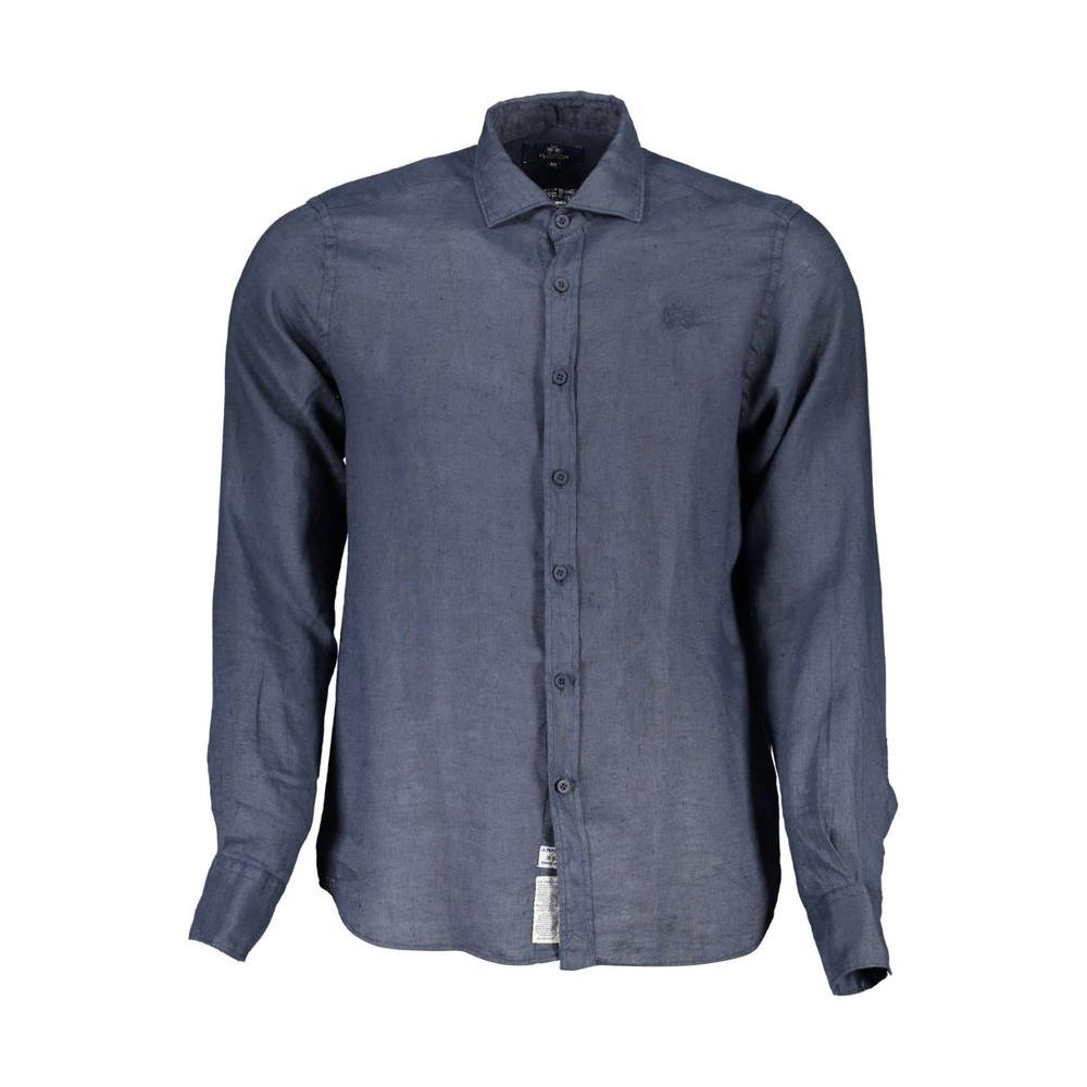 La Martina blue linen men’s shirt with long sleeves and French collar, featuring intricate embroidery and logo, perfect for chic style.