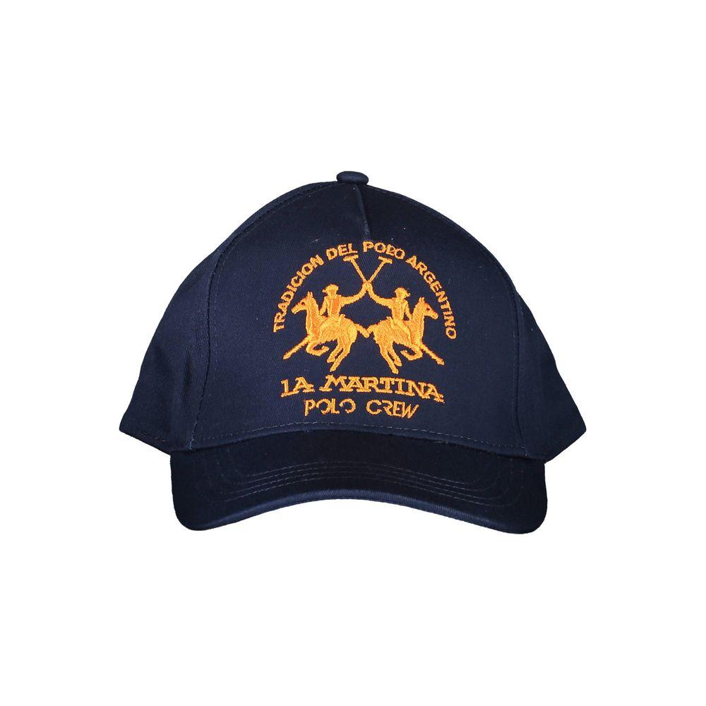 La Martina blue cotton hat with visor, featuring yellow embroidery, contrasting details, and logo for polo enthusiasts.