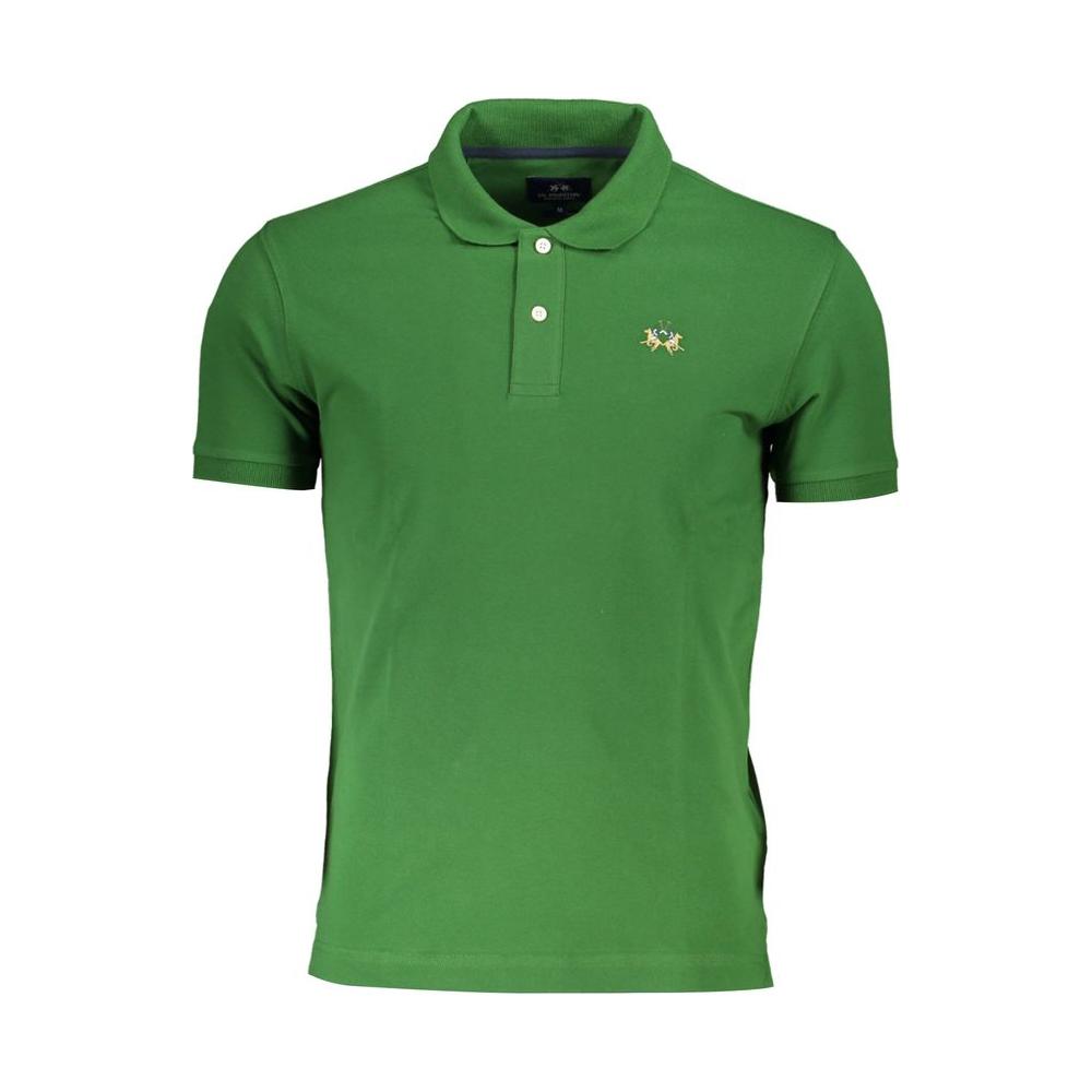La Martina green slim fit polo with contrast details, short sleeves, two-button placket, and signature embroidery.