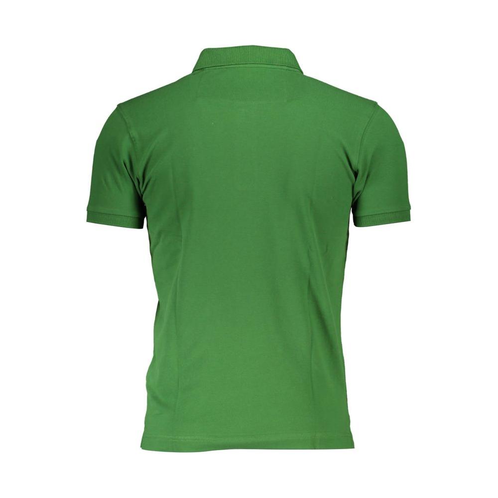 Back view of La Martina green slim fit polo with short sleeves and contrast detail, featuring luxury embroidery. Cotton blend.
